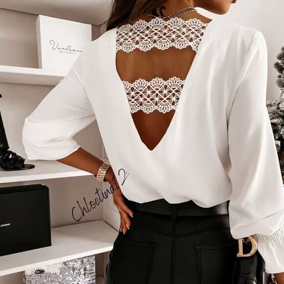 NEW Lace Trim Backless Chiffon Blouse - Picture 1 of 7